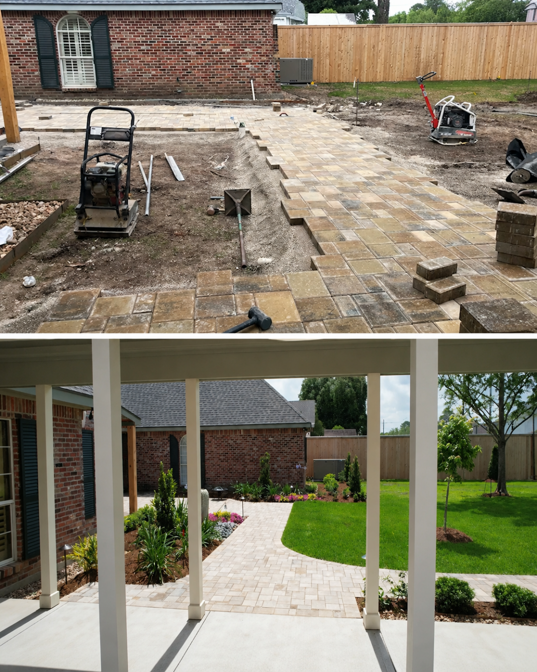 Before/after or in-progress construction sequence photo. Alt text: "Blank slate landscape transformation from raw lot to finished design, Lafayette, Louisiana — EdenScapes.