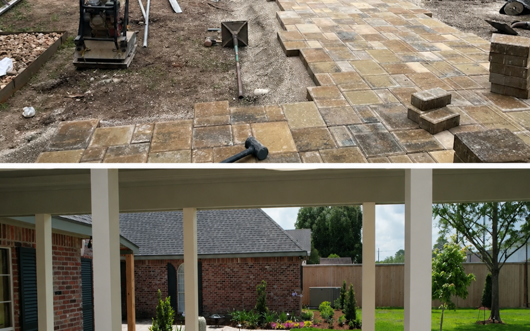 Before/after or in-progress construction sequence photo. Alt text: "Blank slate landscape transformation from raw lot to finished design, Lafayette, Louisiana — EdenScapes.