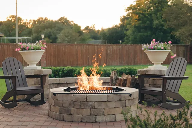 Cooley project — Paver patios · Fire pit · Fountain · Lighting