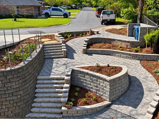 Finley project — Retaining walls · Terraces · Fountain · Native plants