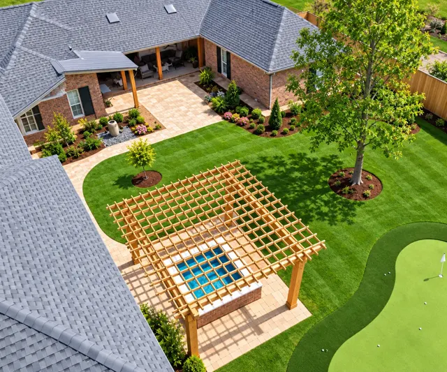 Flavin project — Raised spa · Paver paths · Fountain · Landscaping